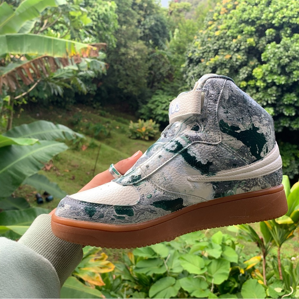 Customized hydrodipped forest green and white high top Fila womens shoes